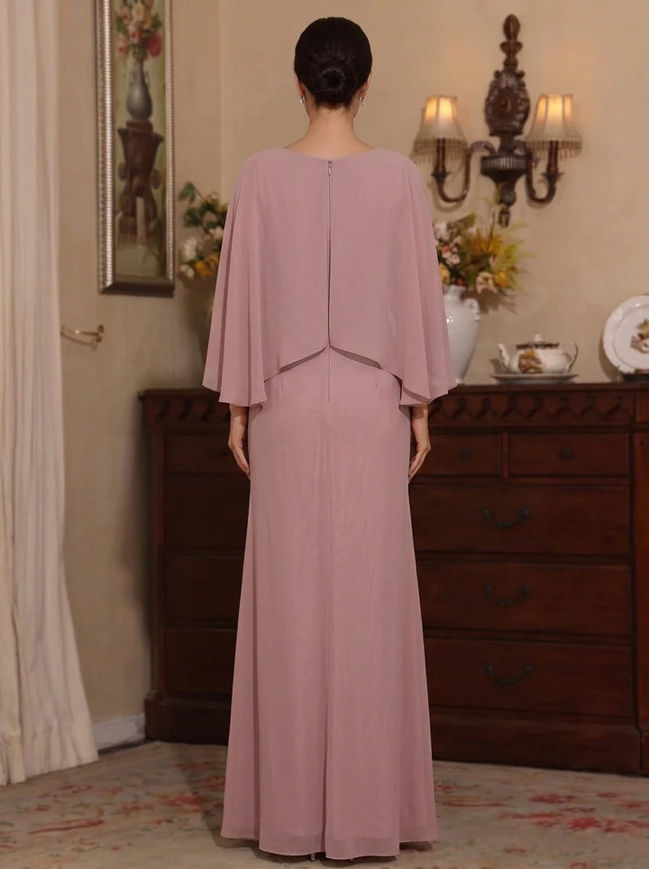 A-Line/Princess Scoop Chiffon Mother of the Bride Dresses Floor-Length Cape Sleeves Ruched