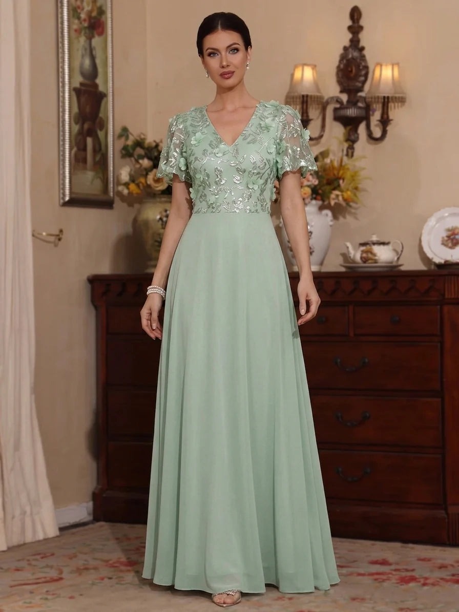 A-Line/Princess V-Neck Chiffon Mother of the Bride Dresses with 3D Flowers Short Sleeves Floor-Length Lace Floral