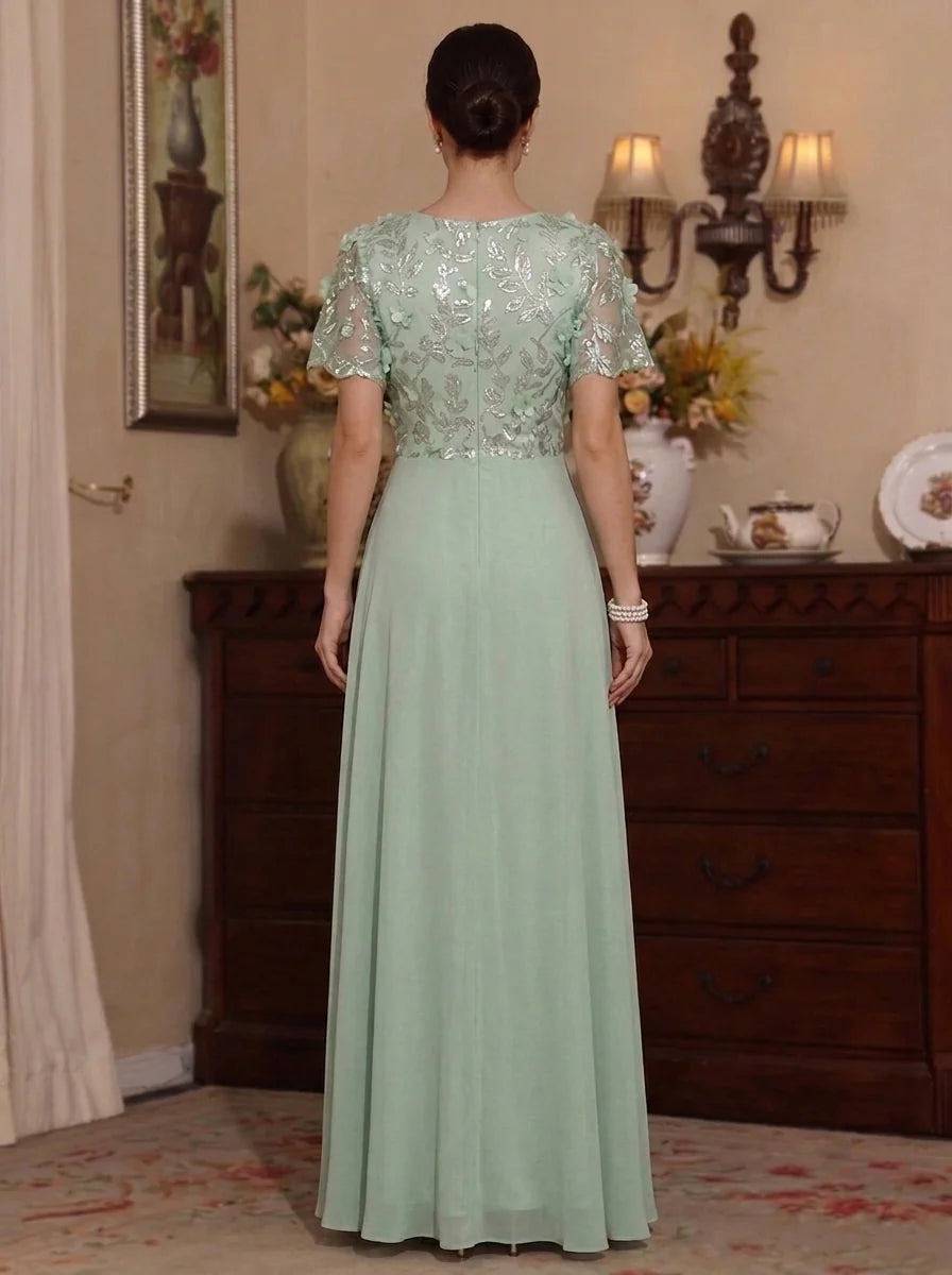A-Line/Princess V-Neck Chiffon Mother of the Bride Dresses with 3D Flowers Short Sleeves Floor-Length Lace Floral