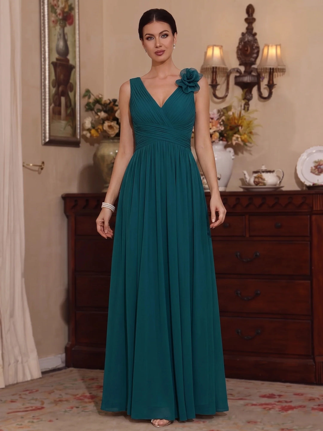 A-Line/Princess V-Neck Chiffon Mother of the Bride Dresses with 3D Flower Sleeveless Floor-Length Ruched