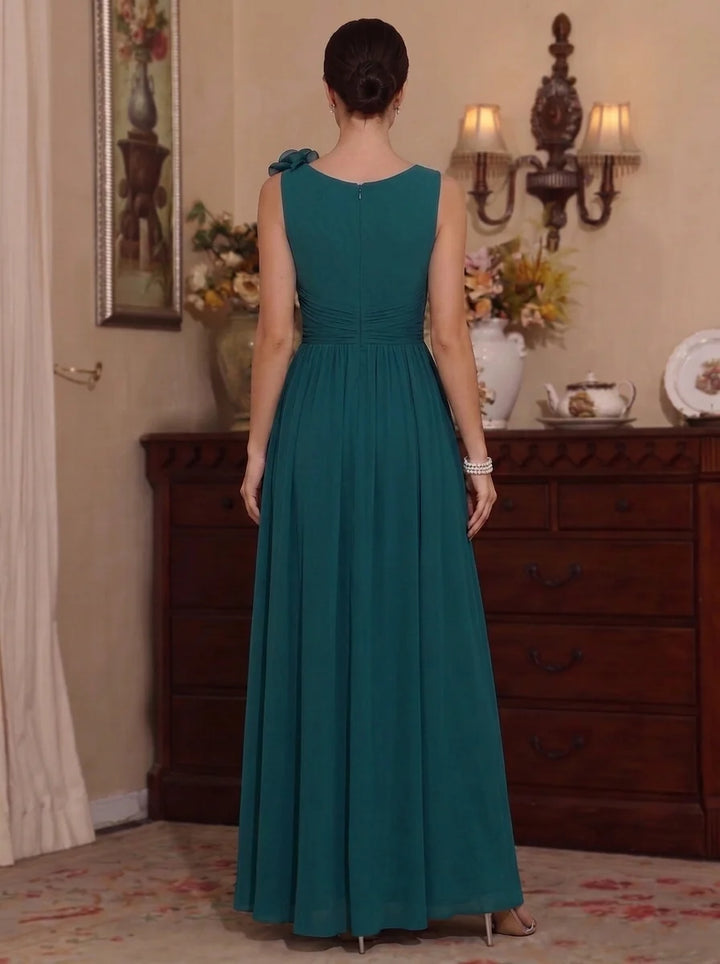 A-Line/Princess V-Neck Chiffon Mother of the Bride Dresses with 3D Flower Sleeveless Floor-Length Ruched