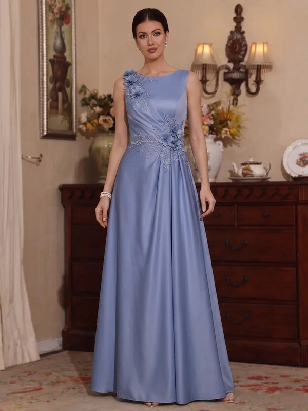 A-Line/Princess Scoop Satin Mother of the Bride Dresses with 3D Flower Floor-Length Sleeveless