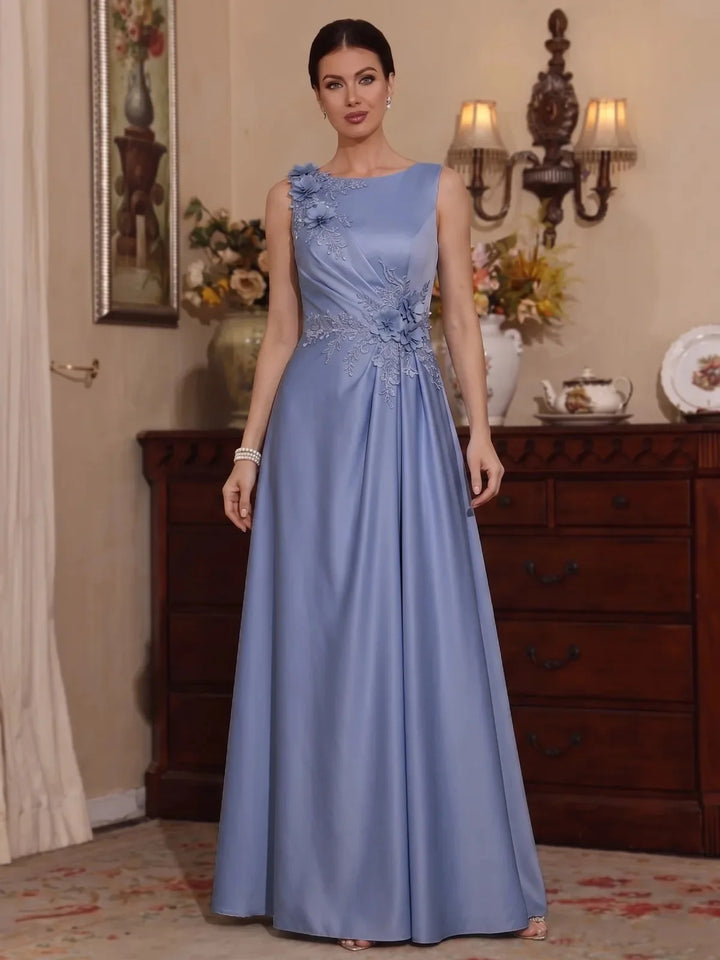 A-Line/Princess Scoop Satin Mother of the Bride Dresses with 3D Flower Floor-Length Sleeveless