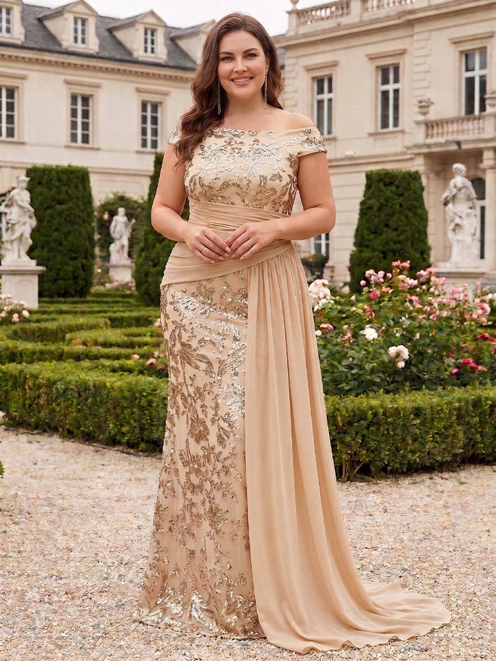 A-Line/Princess Off-the-Shoulder Chiffon Sequins Plus Size Mother of the Bride Dresses Floor-Length Sleeveless Ruched