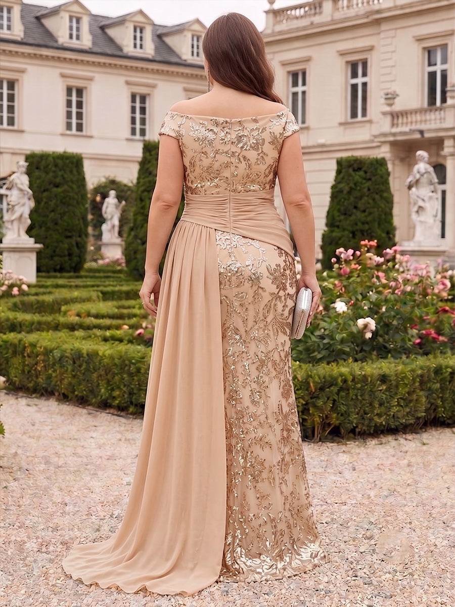 A-Line/Princess Off-the-Shoulder Chiffon Sequins Plus Size Mother of the Bride Dresses Floor-Length Sleeveless Ruched