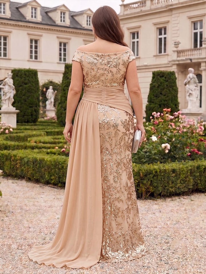A-Line/Princess Off-the-Shoulder Chiffon Sequins Plus Size Mother of the Bride Dresses Floor-Length Sleeveless Ruched