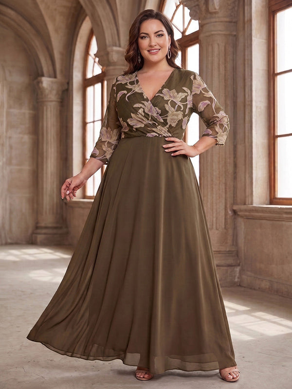 A-Line/Princess V-Neck Chiffon Plus Size Mother of the Bride Dresses Floor-Length 3/4 Sleeves Floral Ruffles