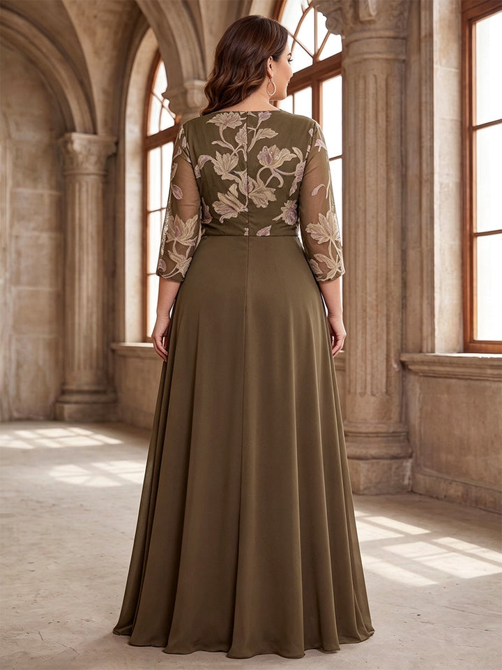 A-Line/Princess V-Neck Chiffon Plus Size Mother of the Bride Dresses Floor-Length 3/4 Sleeves Floral Ruffles