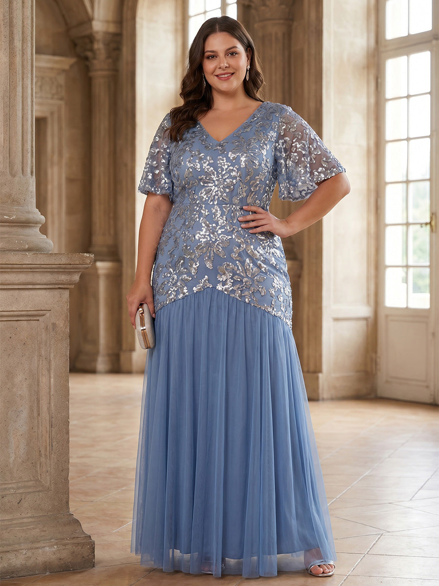 A-Line/Princess V-Neck Chiffon Sequins Plus Size Mother of the Bride Dresses Floor-Length Short Sleeves Floral Ruffles