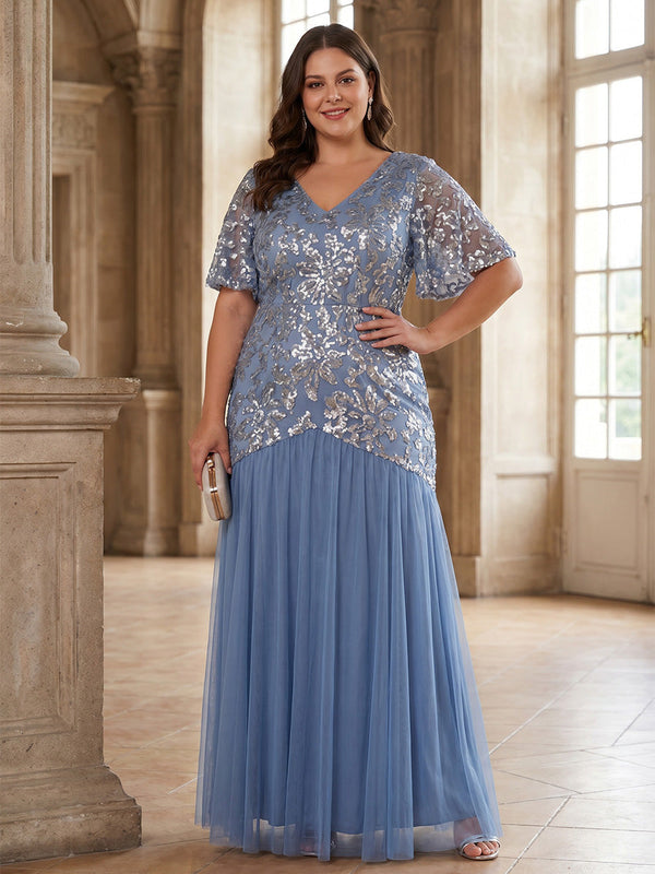 A-Line/Princess V-Neck Chiffon Sequins Plus Size Mother of the Bride Dresses Floor-Length Short Sleeves Floral Ruffles