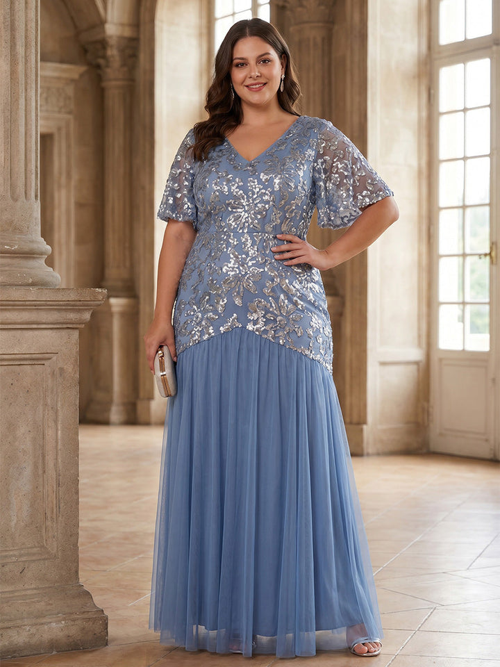 A-Line/Princess V-Neck Chiffon Sequins Plus Size Mother of the Bride Dresses Floor-Length Short Sleeves Floral Ruffles