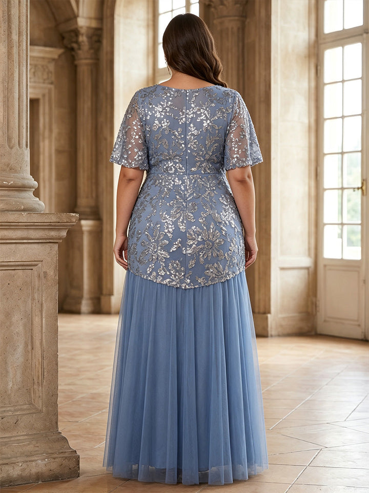 A-Line/Princess V-Neck Chiffon Sequins Plus Size Mother of the Bride Dresses Floor-Length Short Sleeves Floral Ruffles