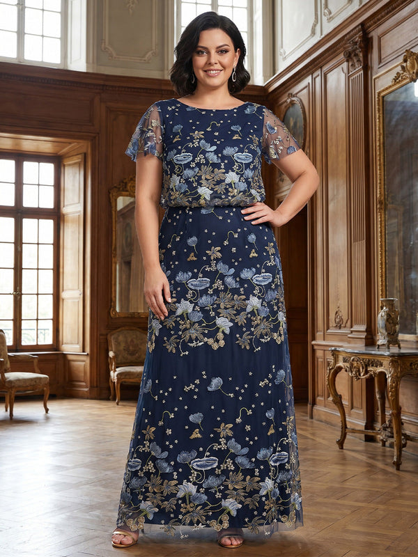 A-Line/Princess Scoop Floral Lace Plus Size Mother of the Bride Dresses Floor-Length Short Sleeves