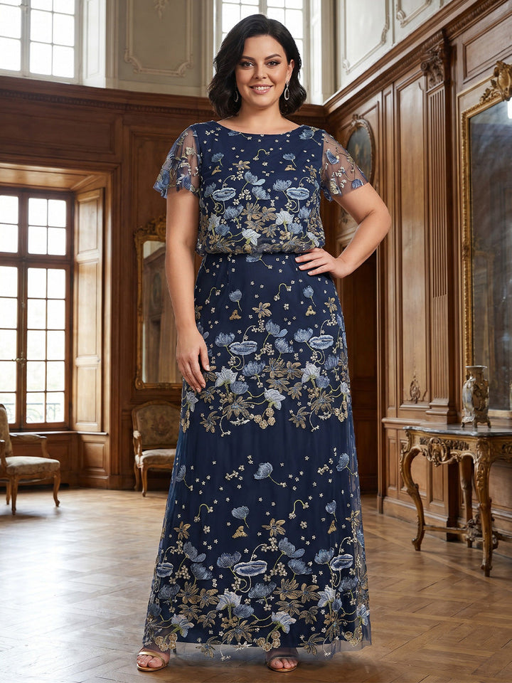 A-Line/Princess Scoop Floral Lace Plus Size Mother of the Bride Dresses Floor-Length Short Sleeves