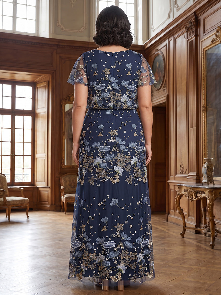 A-Line/Princess Scoop Floral Lace Plus Size Mother of the Bride Dresses Floor-Length Short Sleeves