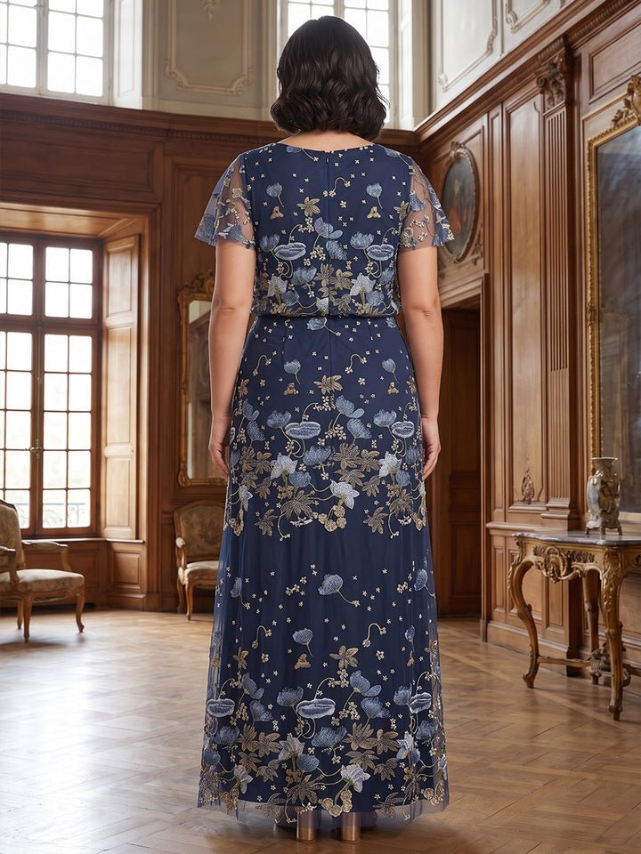 A-Line/Princess Scoop Floral Lace Plus Size Mother of the Bride Dresses Floor-Length Short Sleeves