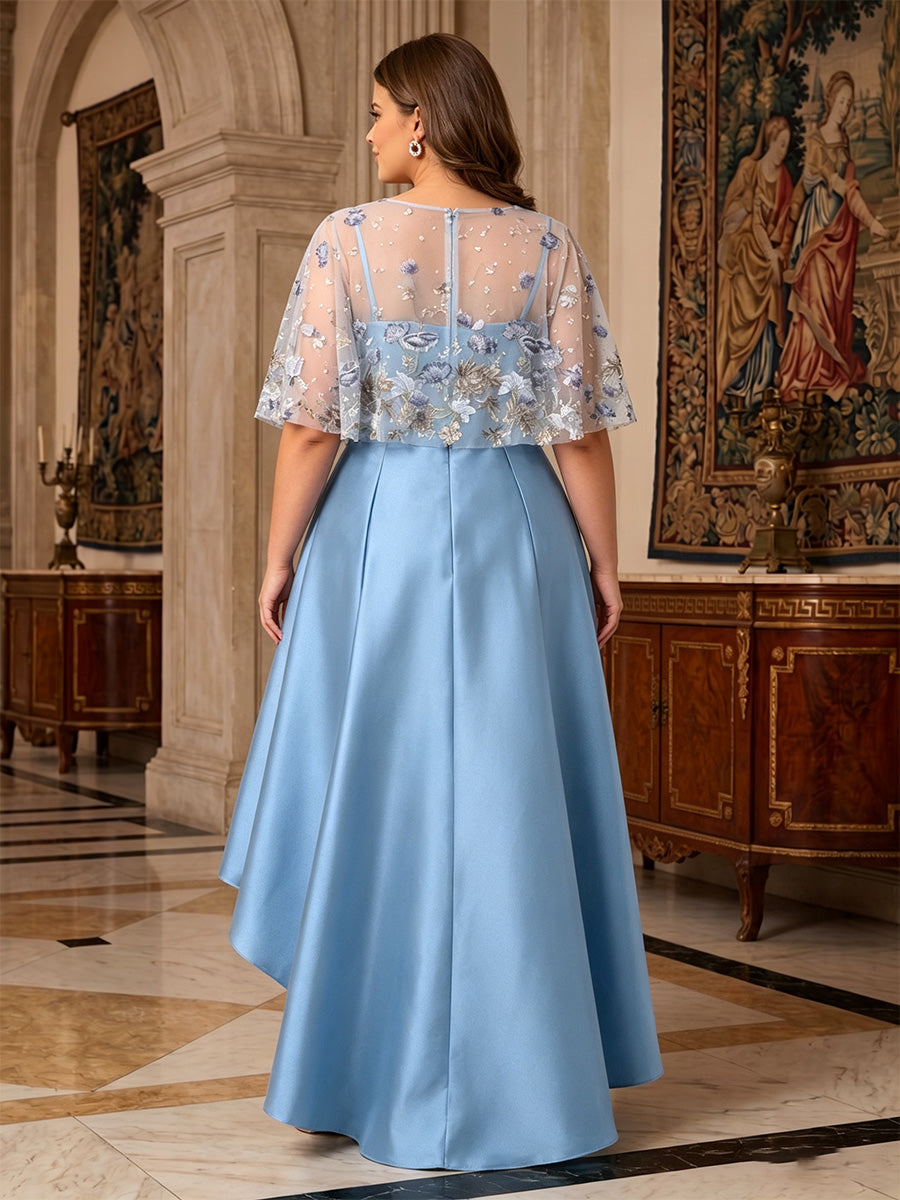 A-Line/Princess Scoop Satin Plus Size Mother of the Bride Dresses High-Low Cape Sleeves