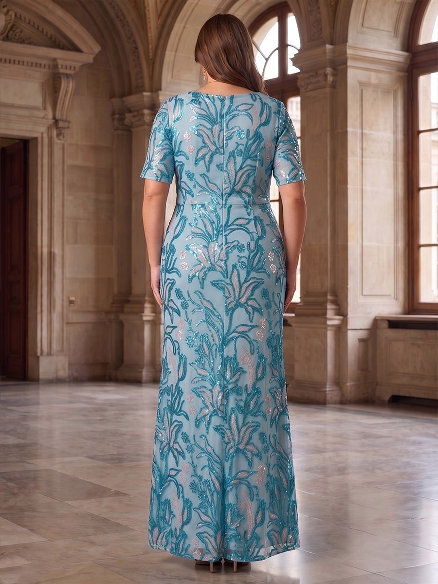 Sheath/Column Square Neck Sequins Plus Size Mother of the Bride Dresses Ankle-Length Short Sleeves