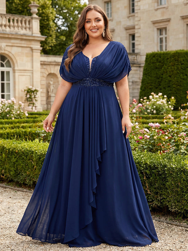 Chiffon Plus Size Mother of the Bride A-Line/Princess V-Neck Floor-Length Short Sleeves Ruffles