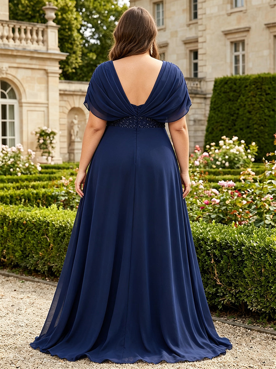 Chiffon Plus Size Mother of the Bride A-Line/Princess V-Neck Floor-Length Short Sleeves Ruffles