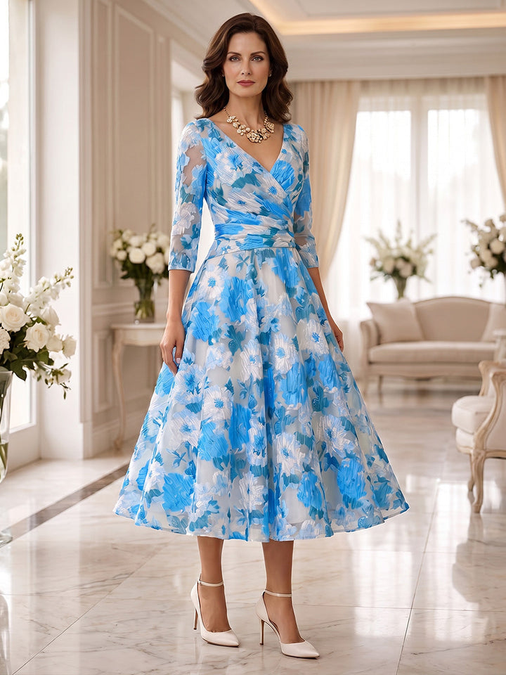 A-Line/Princess V-Neck Floral Mother of the Bride Dresses Tea-Length 3/4 Sleeves Ruched