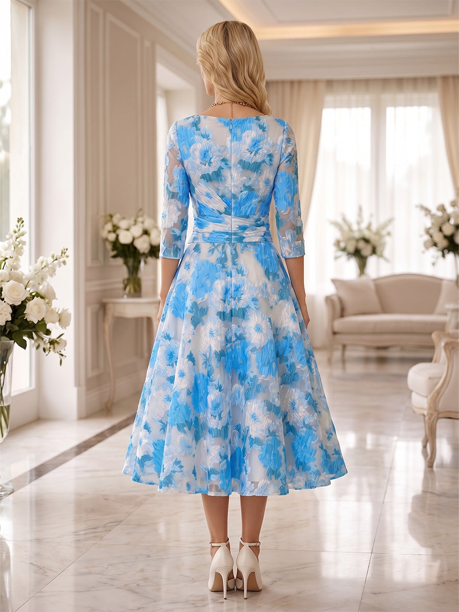 A-Line/Princess V-Neck Floral Mother of the Bride Dresses Tea-Length 3/4 Sleeves Ruched