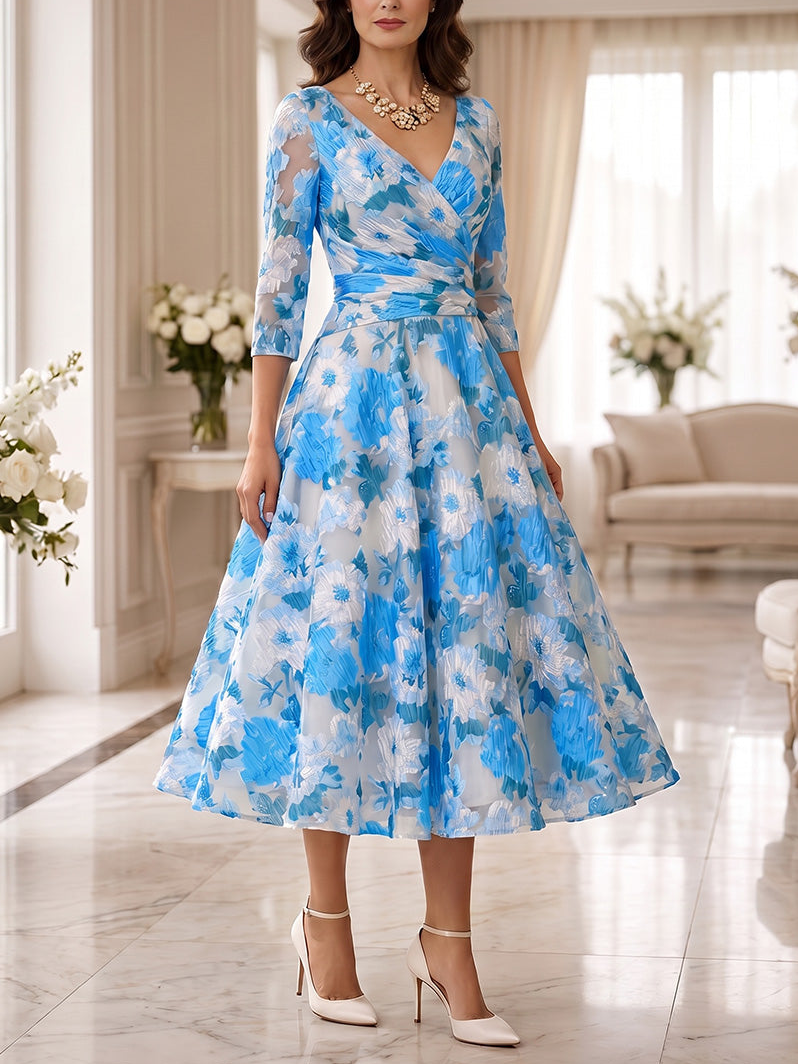 A-Line/Princess V-Neck Floral Mother of the Bride Dresses Tea-Length 3/4 Sleeves Ruched