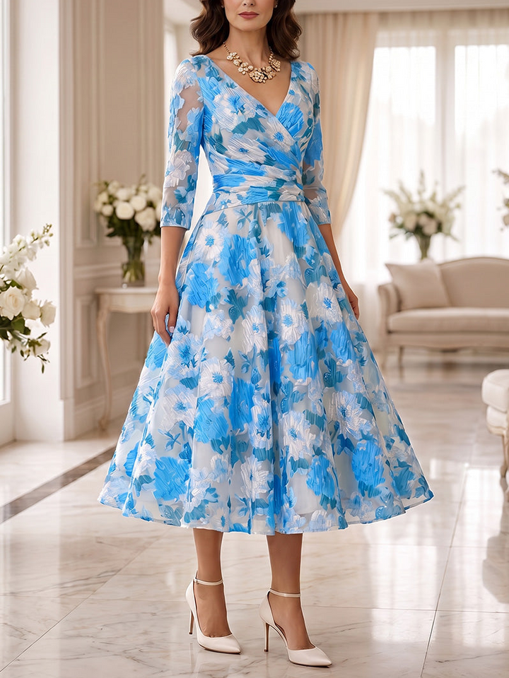 A-Line/Princess V-Neck Floral Mother of the Bride Dresses Tea-Length 3/4 Sleeves Ruched