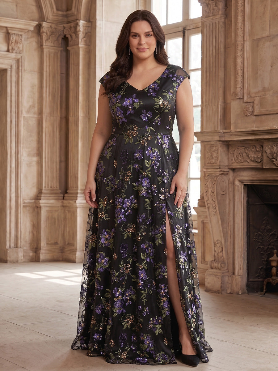 A-Line/Princess V-Neck Sequins Plus Size Mother of the Bride Dresses Floor-Length Short Sleeves Floral