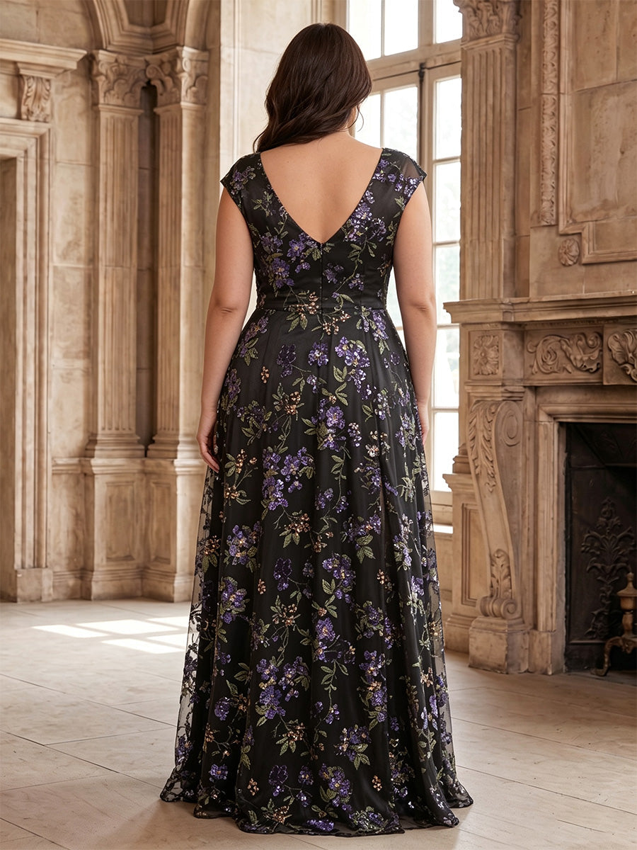 A-Line/Princess V-Neck Sequins Plus Size Mother of the Bride Dresses Floor-Length Short Sleeves Floral