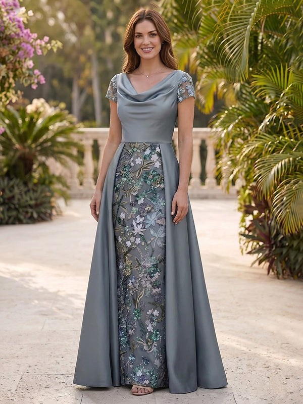 A-Line/Princess Cowl Neck Satin Mother of the Bride Dresses with Overskirt Sequins Floral Short Sleeves Floor-Length