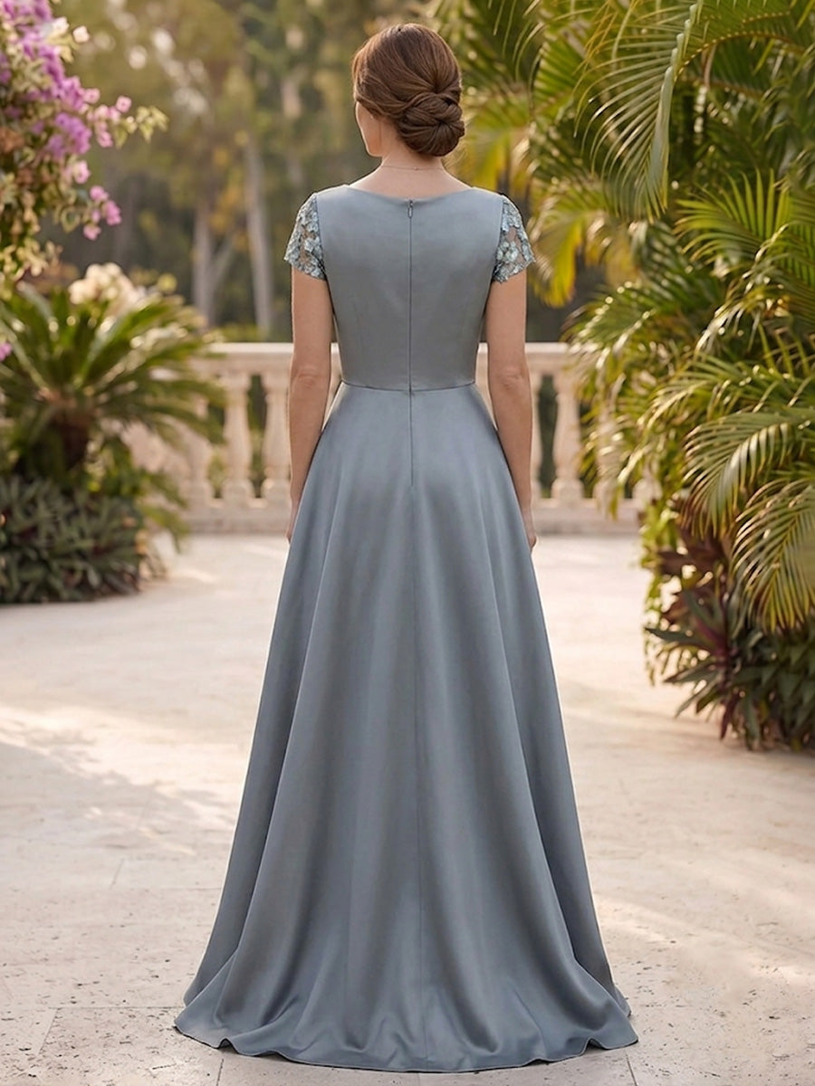 A-Line/Princess Cowl Neck Satin Mother of the Bride Dresses with Overskirt Sequins Floral Short Sleeves Floor-Length