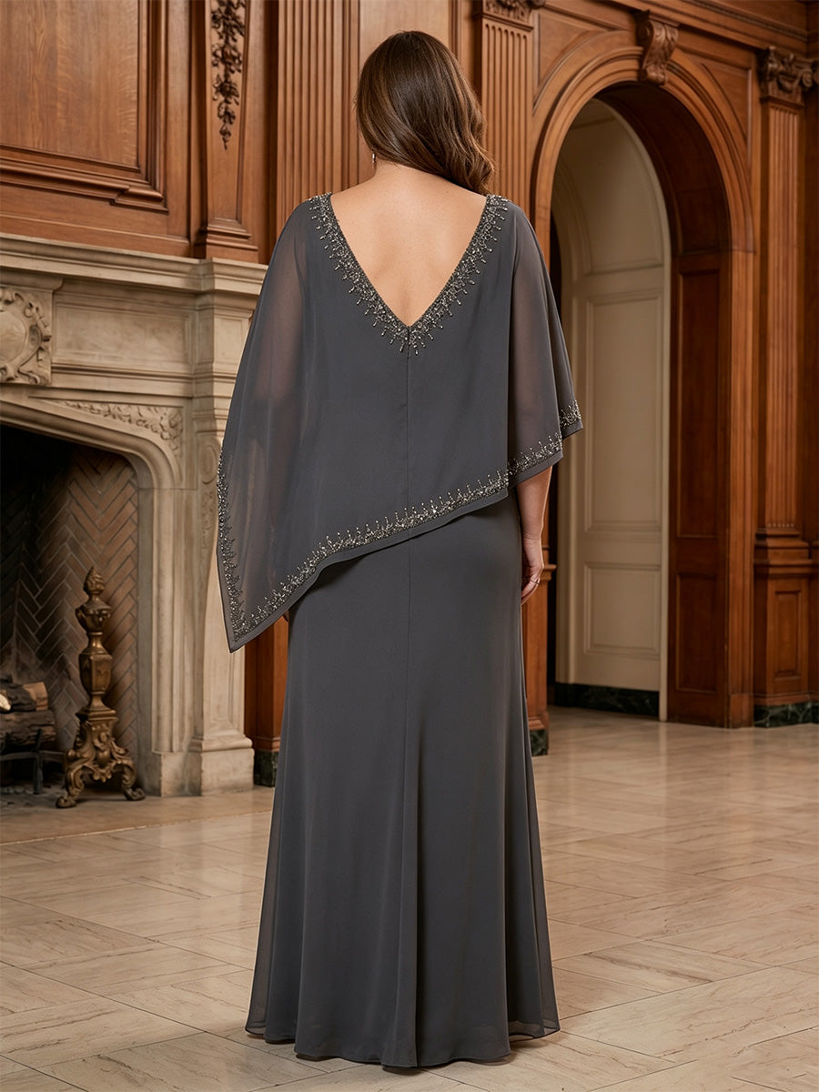 Sheath/Column V-Neck Plus Size Mother of the Bride Dresses Floor-Length Cape Sleeves Sequins