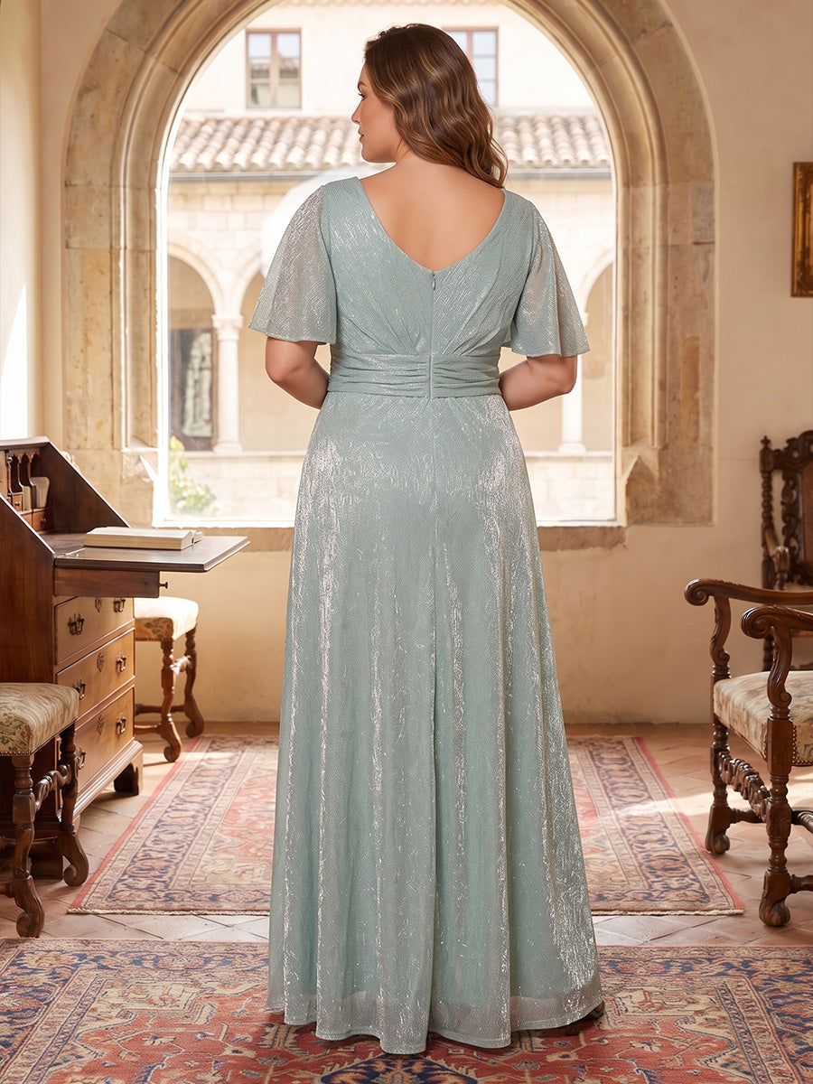 A-Line/Princess V-Neck Plus Size Mother of the Bride Dresses Short Sleeves Metallic Mesh Floor-Length Ruffles