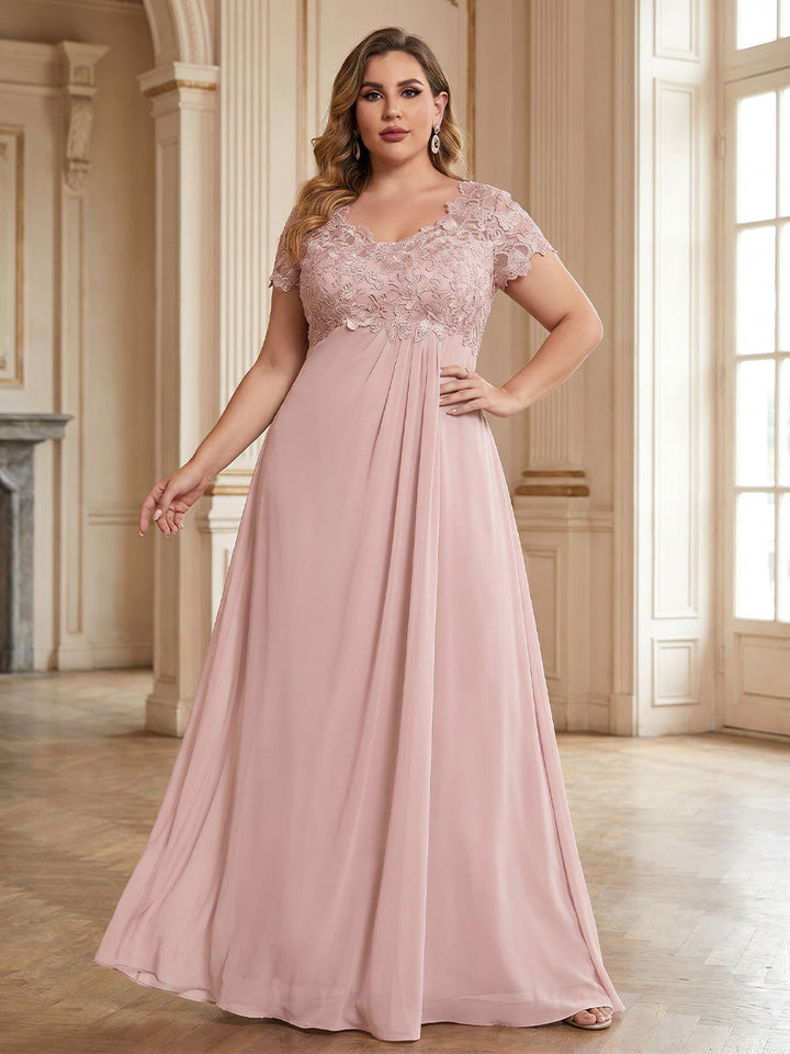 A-Line/Princess V-Neck Plus Size Mother of the Bride Dresses Floor-Length Short Sleeves Chiffon