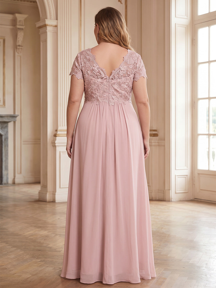 A-Line/Princess V-Neck Plus Size Mother of the Bride Dresses Floor-Length Short Sleeves Chiffon