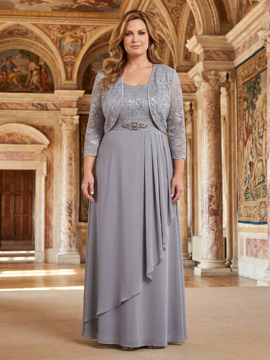 Chiffon 2 Pieces Plus Size Mother of the Bride A-Line/Princess Scoop Floor-Length 3/4 Sleeves with Lace Jacket