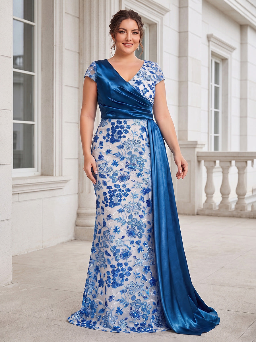A-Line/Princess V-Neck Satin Plus Size Mother of the Bride Dresses Floor-Length Short Sleeves Floral