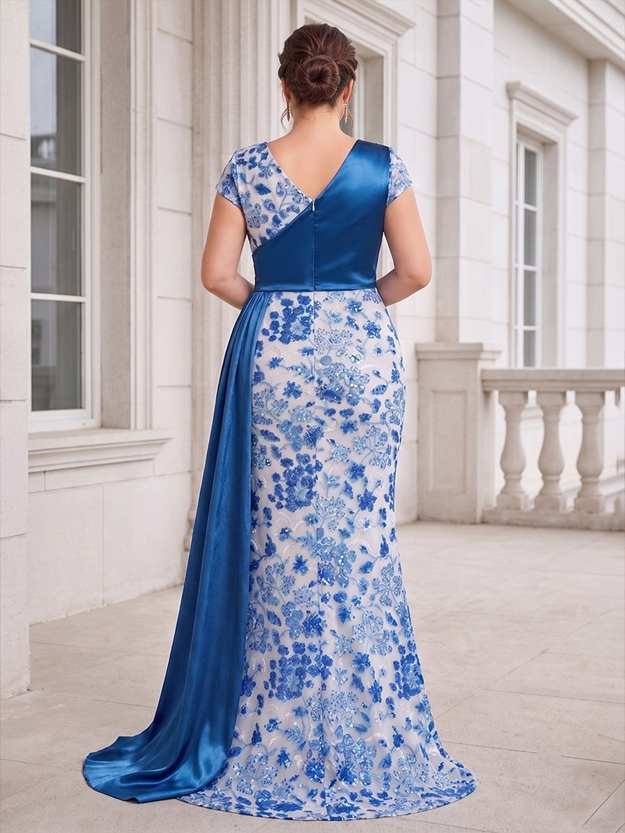 A-Line/Princess V-Neck Satin Plus Size Mother of the Bride Dresses Floor-Length Short Sleeves Floral