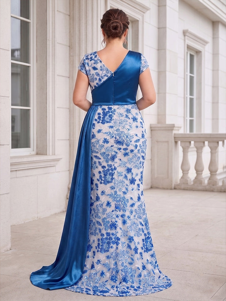 A-Line/Princess V-Neck Satin Plus Size Mother of the Bride Dresses Floor-Length Short Sleeves Floral