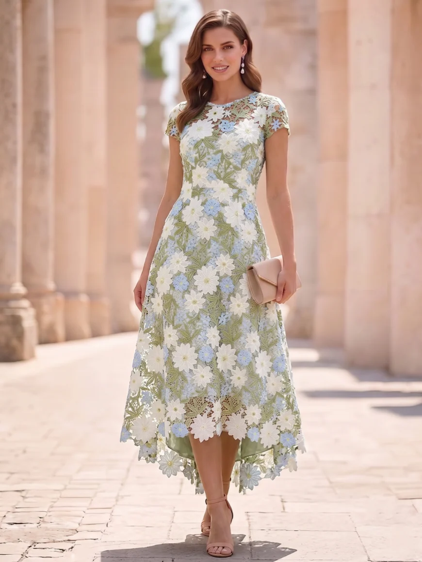 A-Line/Princess Scoop Lace Mother of the Bride Dresses Floral High-Low Tea-Length Short Sleeves