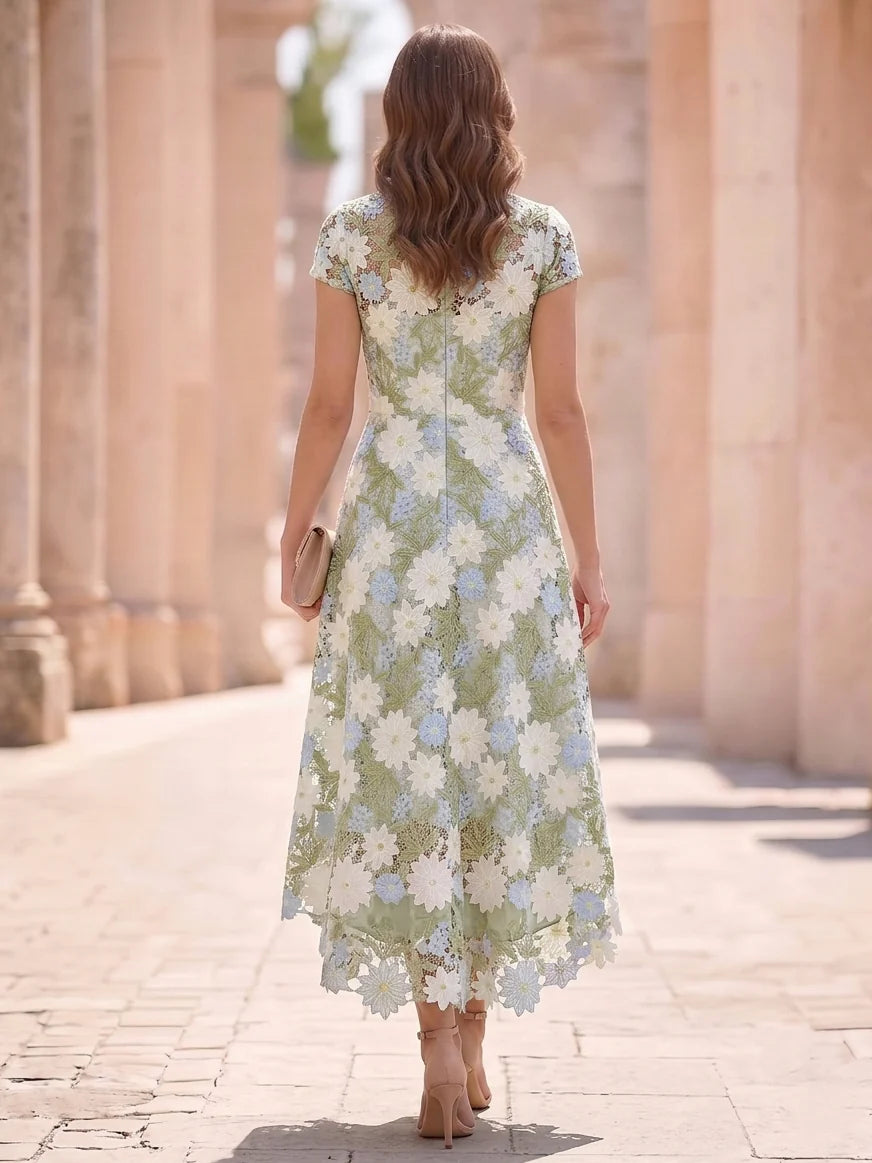A-Line/Princess Scoop Lace Mother of the Bride Dresses Floral High-Low Tea-Length Short Sleeves