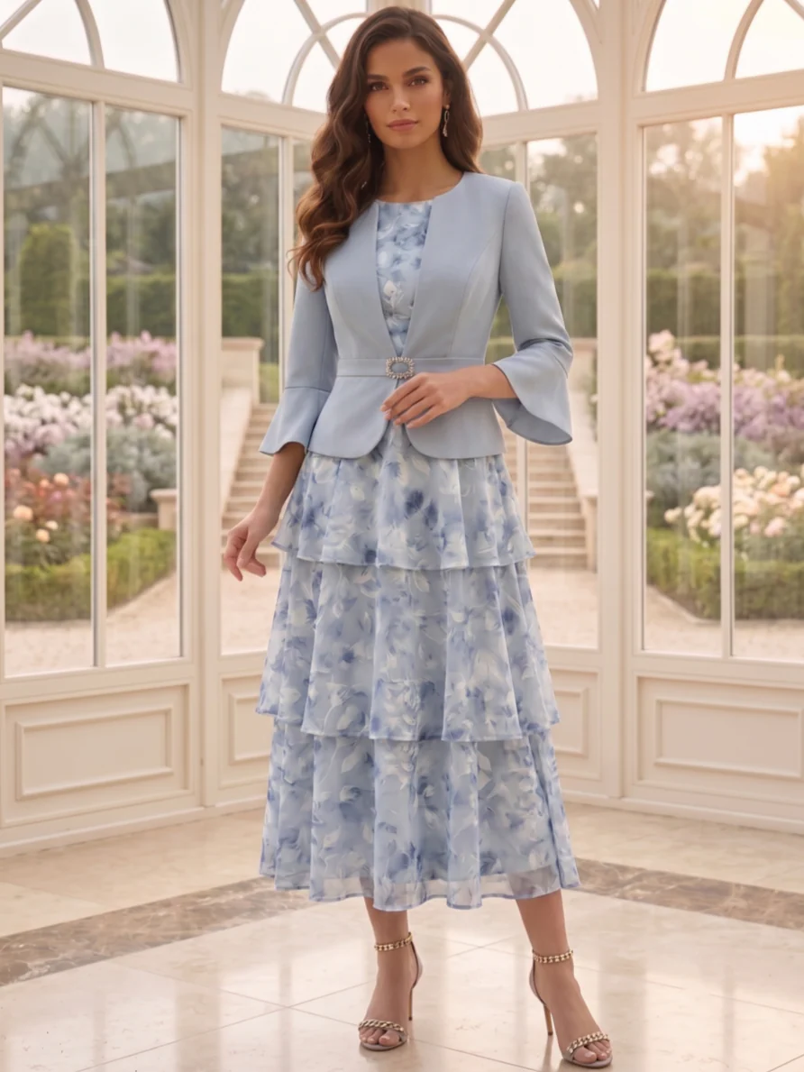 A-Line/Princess Scoop Chiffon Floral Mother of the Bride Dresses with Jacket Tea-Length 3/4 Sleeves Ruffles