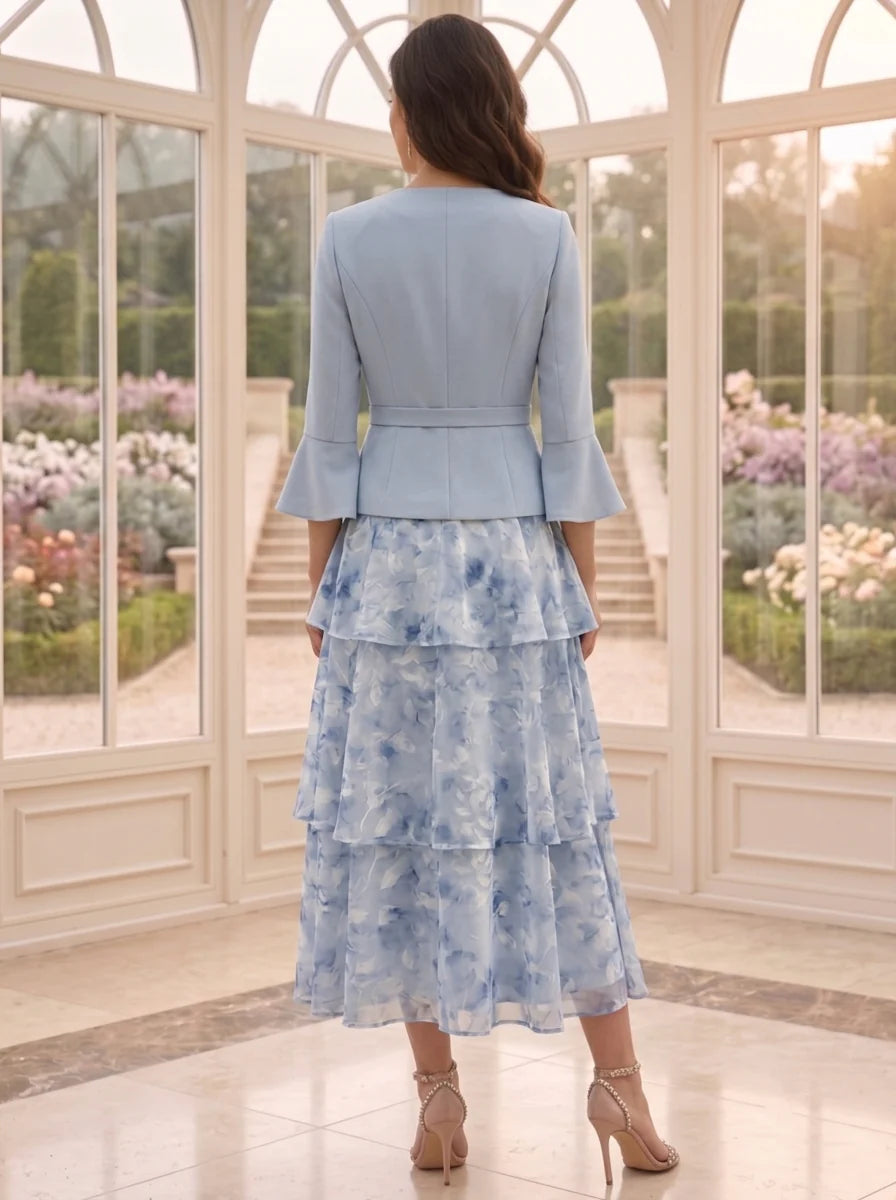 A-Line/Princess Scoop Chiffon Floral Mother of the Bride Dresses with Jacket Tea-Length 3/4 Sleeves Ruffles