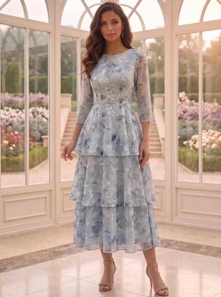 A-Line/Princess Scoop Chiffon Floral Mother of the Bride Dresses with Jacket Tea-Length 3/4 Sleeves Ruffles