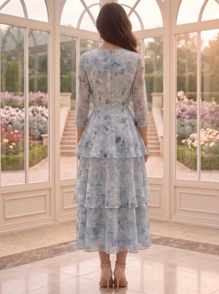 A-Line/Princess Scoop Chiffon Floral Mother of the Bride Dresses with Jacket Tea-Length 3/4 Sleeves Ruffles
