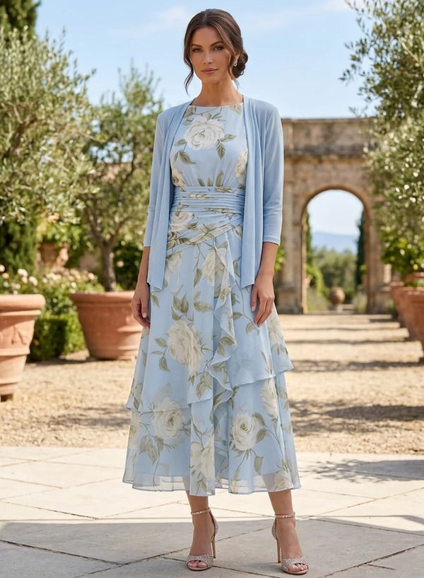 A-Line/Princess Scoop Mother of the Bride Dresses with Jacket Chiffon Floral Tea-Length 3/4 Sleeves Ruffles