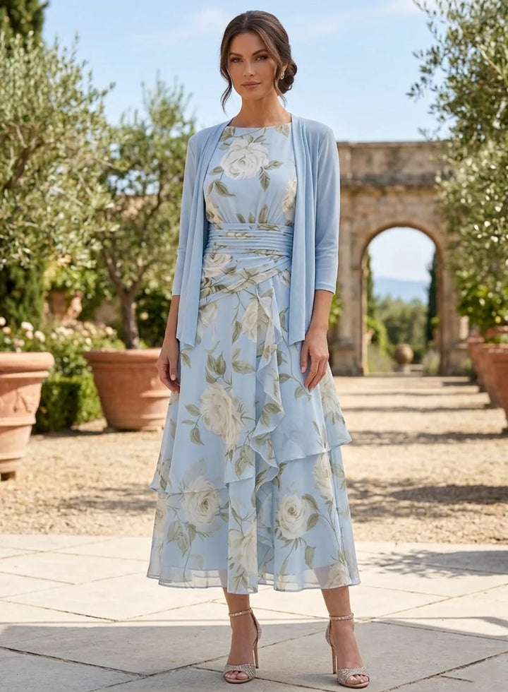A-Line/Princess Scoop Mother of the Bride Dresses with Jacket Chiffon Floral Tea-Length 3/4 Sleeves Ruffles