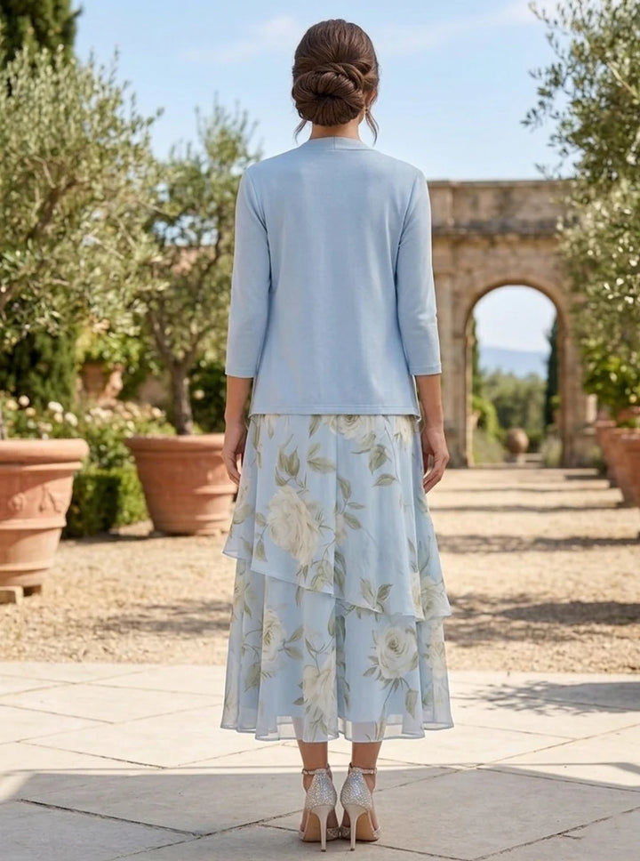 A-Line/Princess Scoop Mother of the Bride Dresses with Jacket Chiffon Floral Tea-Length 3/4 Sleeves Ruffles
