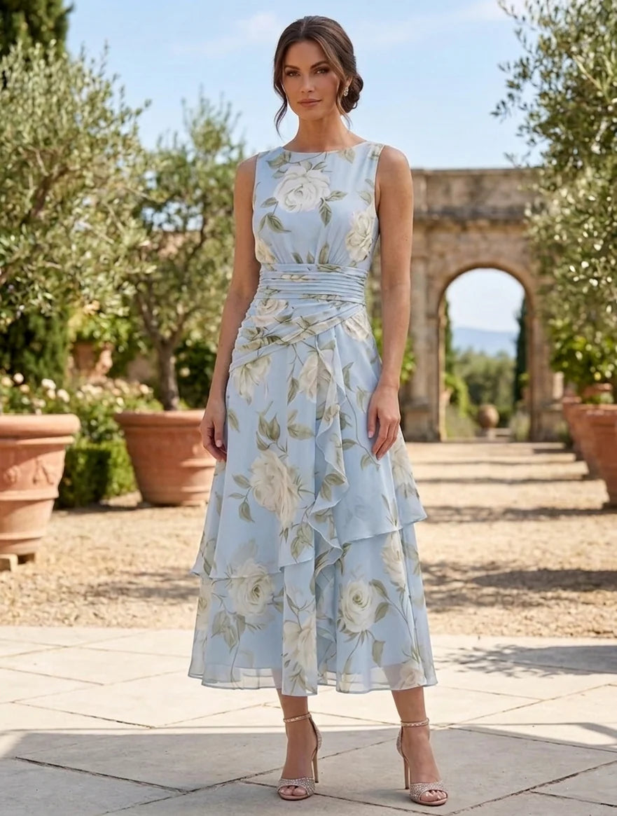 A-Line/Princess Scoop Mother of the Bride Dresses with Jacket Chiffon Floral Tea-Length 3/4 Sleeves Ruffles
